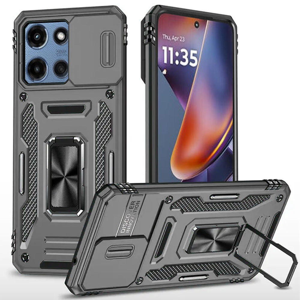 For Moto G 2025 Case Sliding Lens Cover w/ Magnetic Ring Stand + Tempered Glass