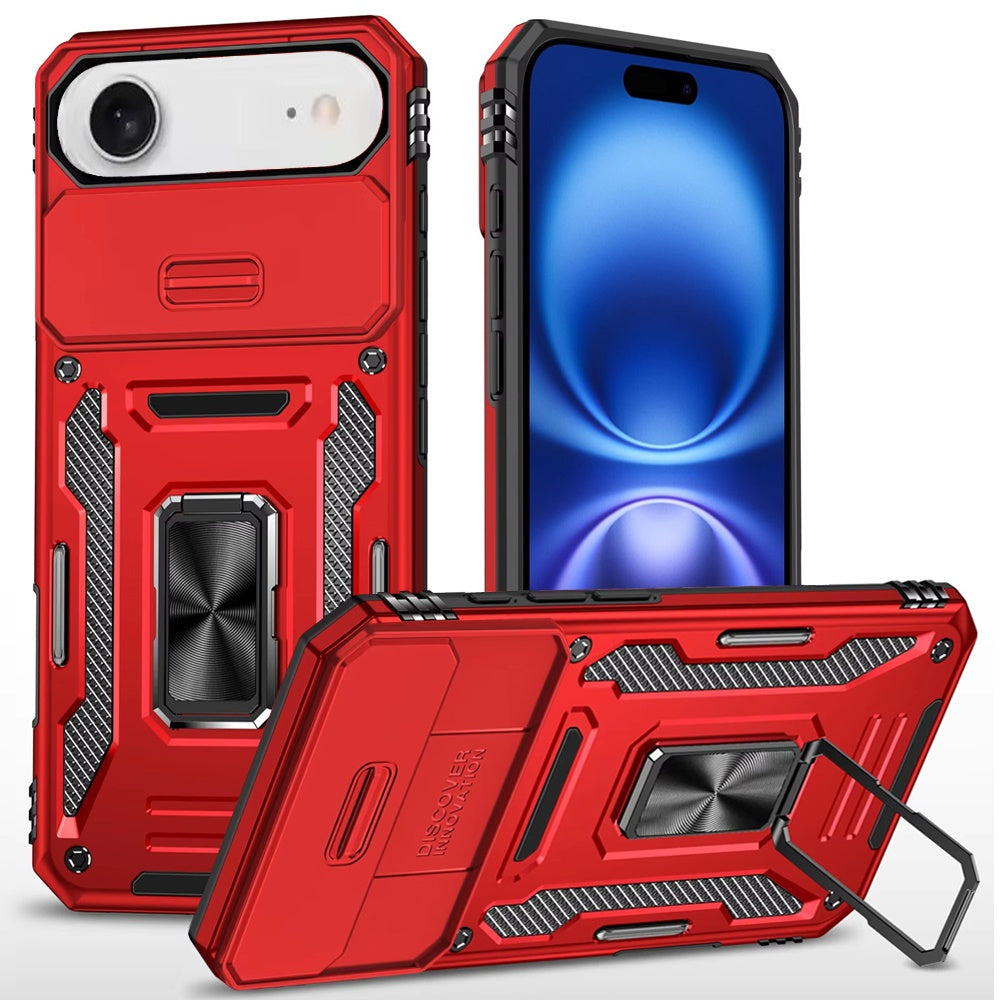 For iPhone Air Case Sliding Lens Cover with Metal Ring Stand + Tempered Glass