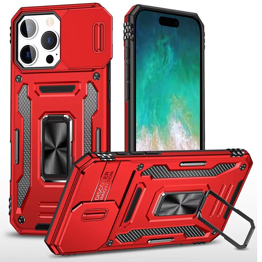 For iPhone 16 PRO MAX Case Slide Lens Cover Magnetic Ring Stand + Tempered Glass