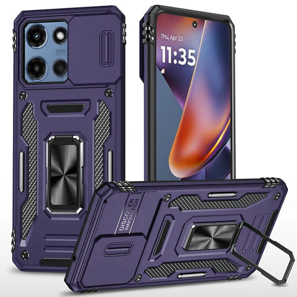 For Moto G Power 2025 Case Slideing Lens Shockproof Ring Stand + Tempered Glass