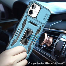 For iPhone 16 Plus 6.7in Case Slide Lens Cover Magnet Ringstand + Tempered Glass