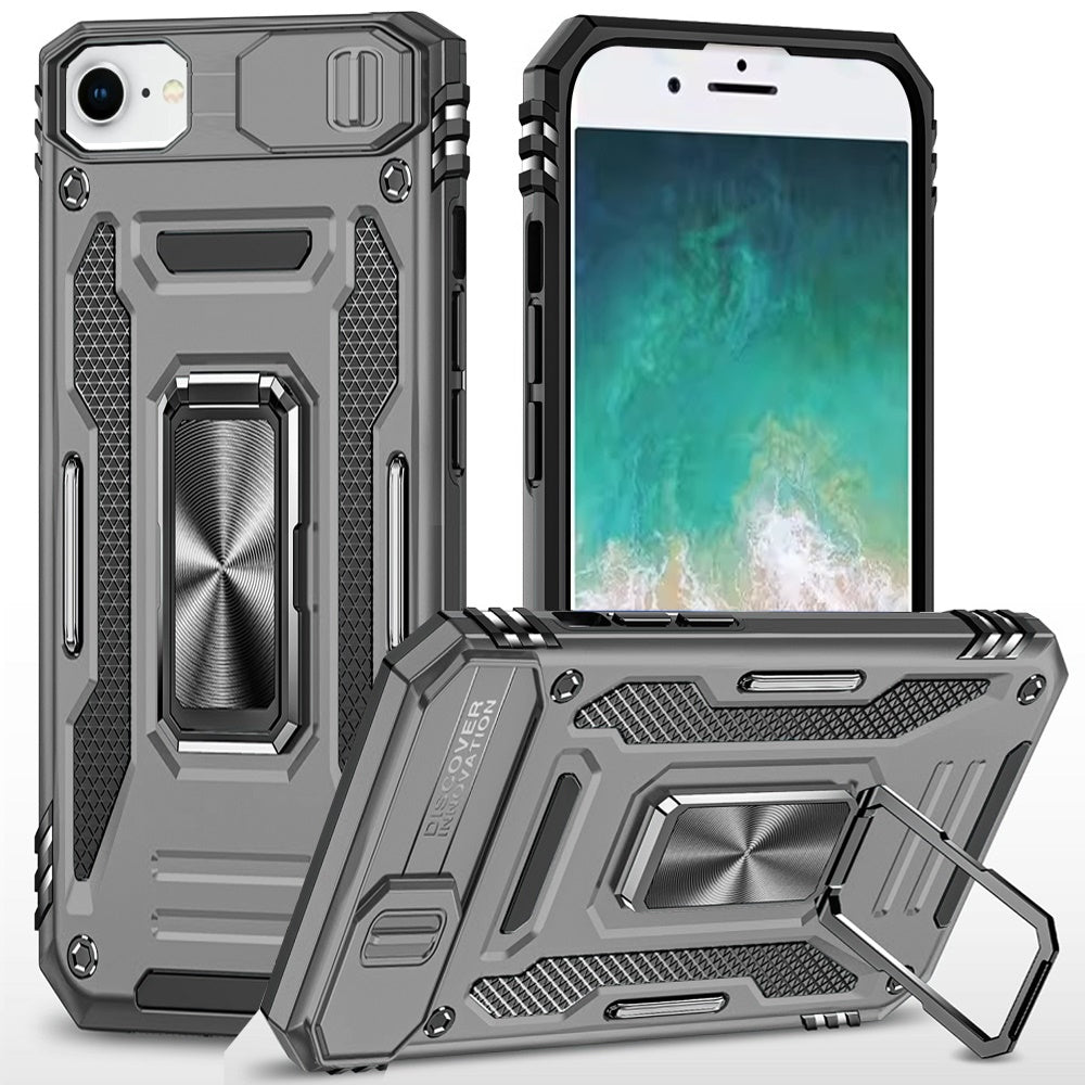 For iPhone 16e Case Sliiding Lens Cover Magnetic Ring Stand + Tempered Glass