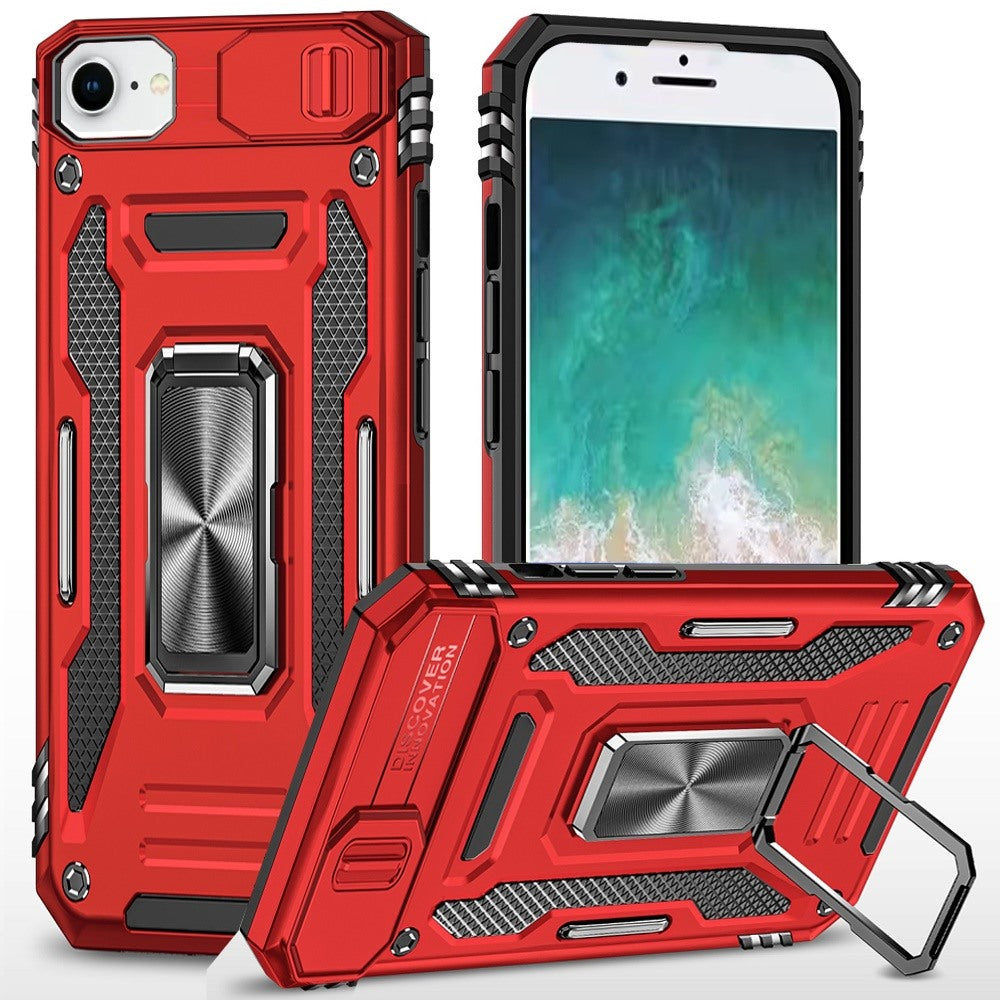 For iPhone 16e Case Sliiding Lens Cover Magnetic Ring Stand + Tempered Glass