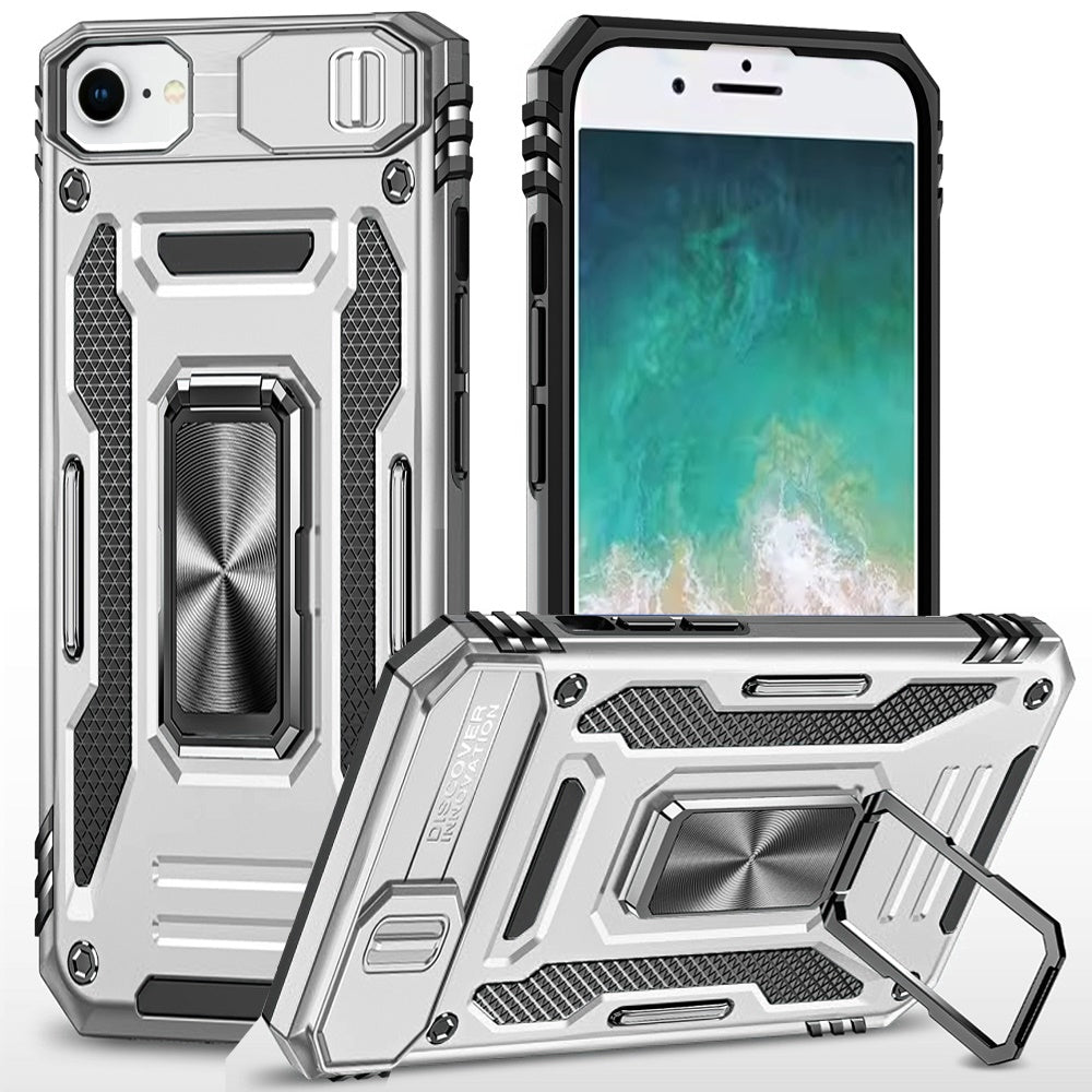 For iPhone 16e Case Sliiding Lens Cover Magnetic Ring Stand + Tempered Glass