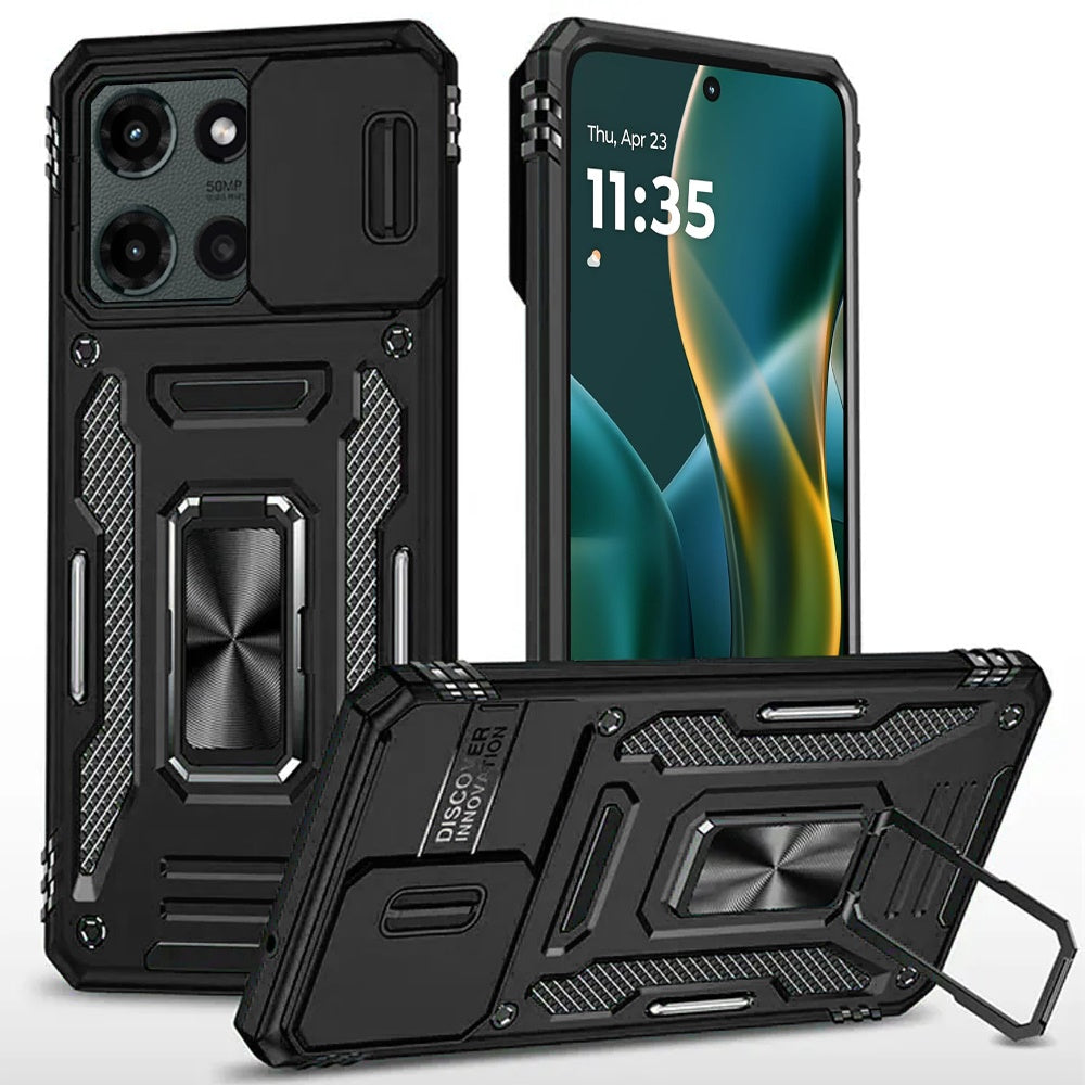 For Moto G Stylus 2025 Case Slideing Lens Shockproof Ring Stand + Tempered Glass