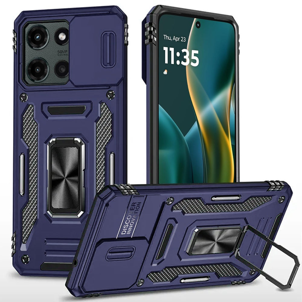 For Moto G Stylus 2025 Case Slideing Lens Shockproof Ring Stand + Tempered Glass