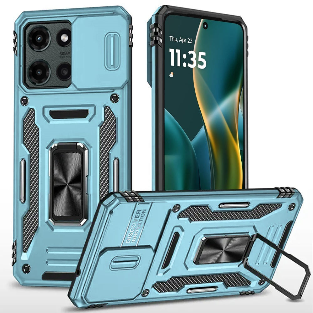 For Moto G Stylus 2025 Case Slideing Lens Shockproof Ring Stand + Tempered Glass