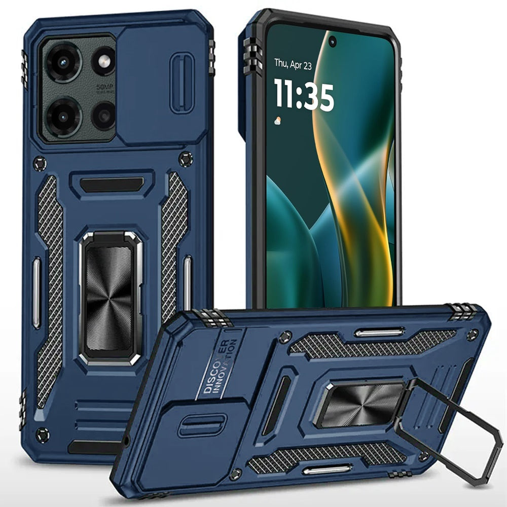For Moto G Stylus 2025 Case Slideing Lens Shockproof Ring Stand + Tempered Glass