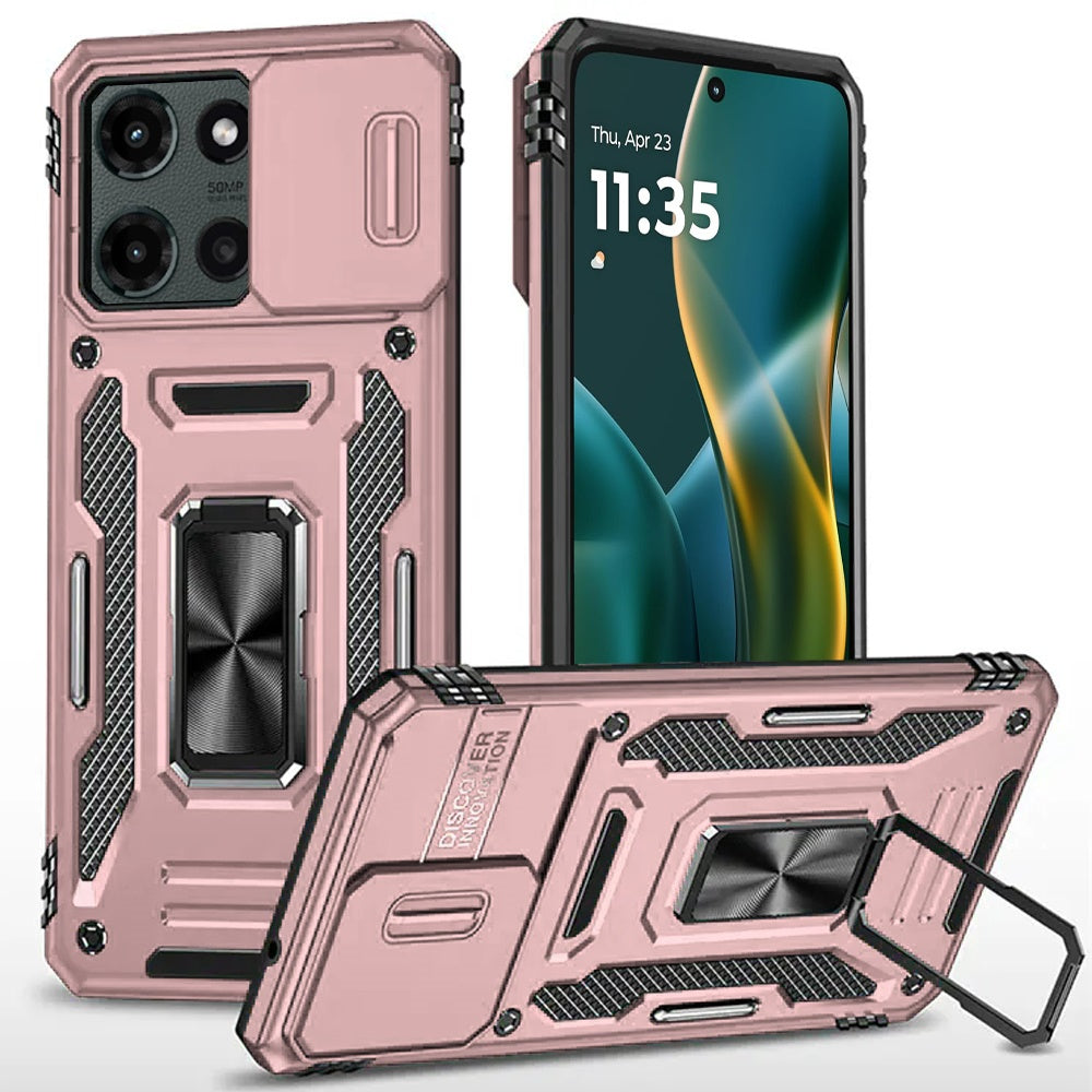For Moto G Stylus 2025 Case Slideing Lens Shockproof Ring Stand + Tempered Glass