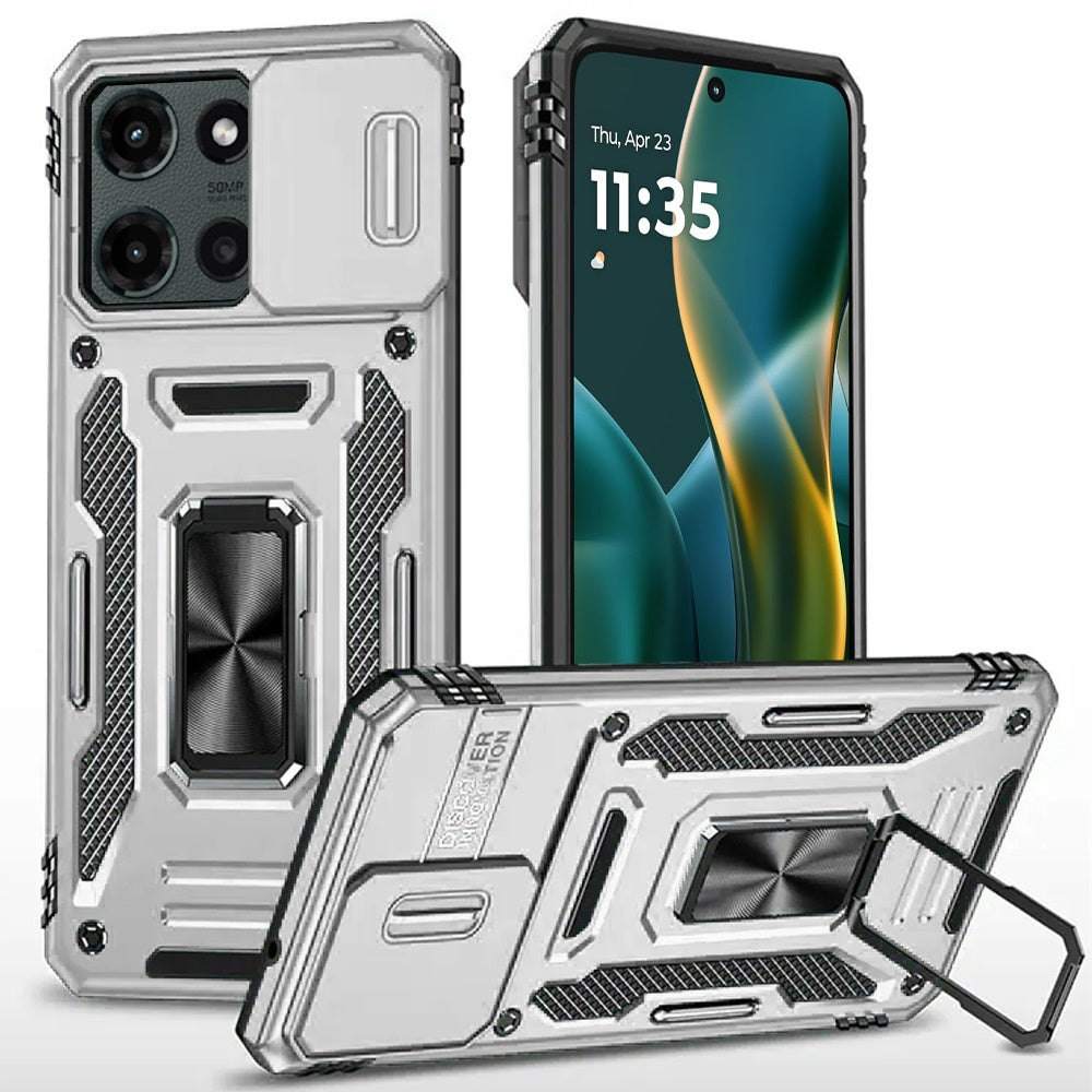 For Moto G Stylus 2025 Case Slideing Lens Shockproof Ring Stand + Tempered Glass