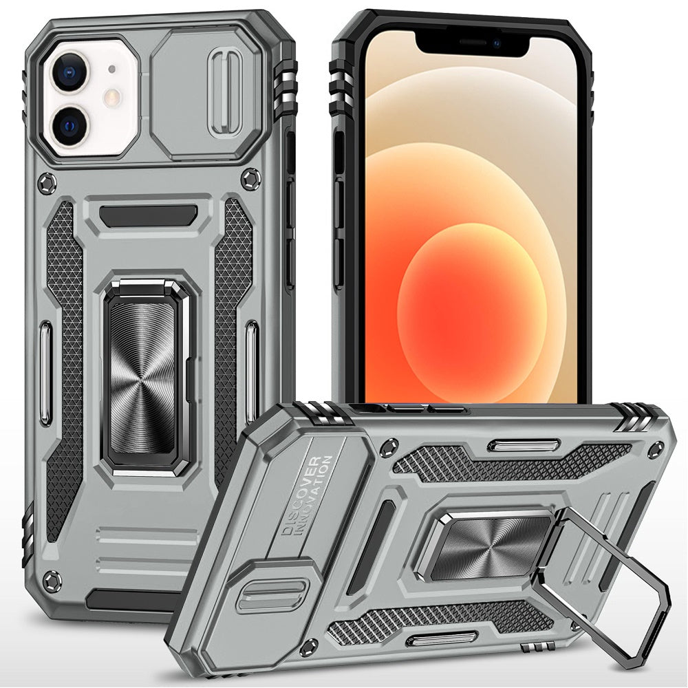 For iPhone 12/12 Pro Case Sliding Lens with Magnetic Ring Stand + Tempered Glass