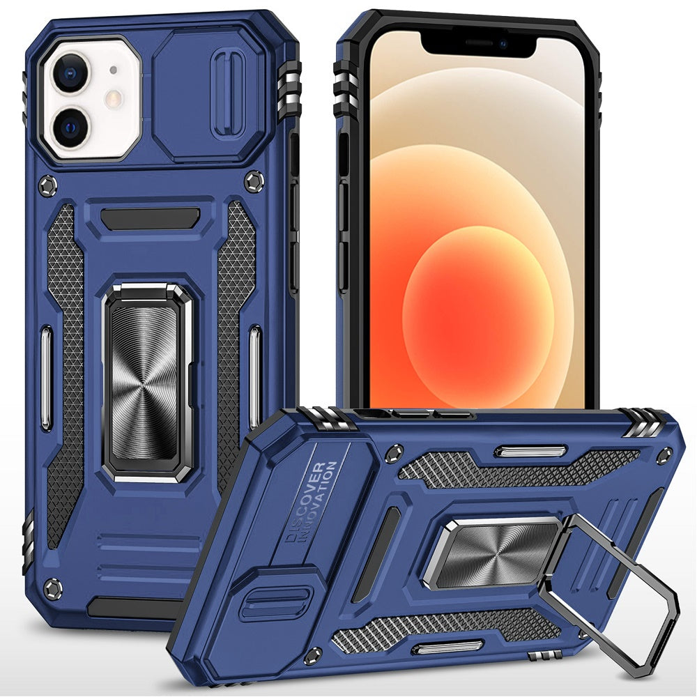 For iPhone 12/12 Pro Case Sliding Lens with Magnetic Ring Stand + Tempered Glass