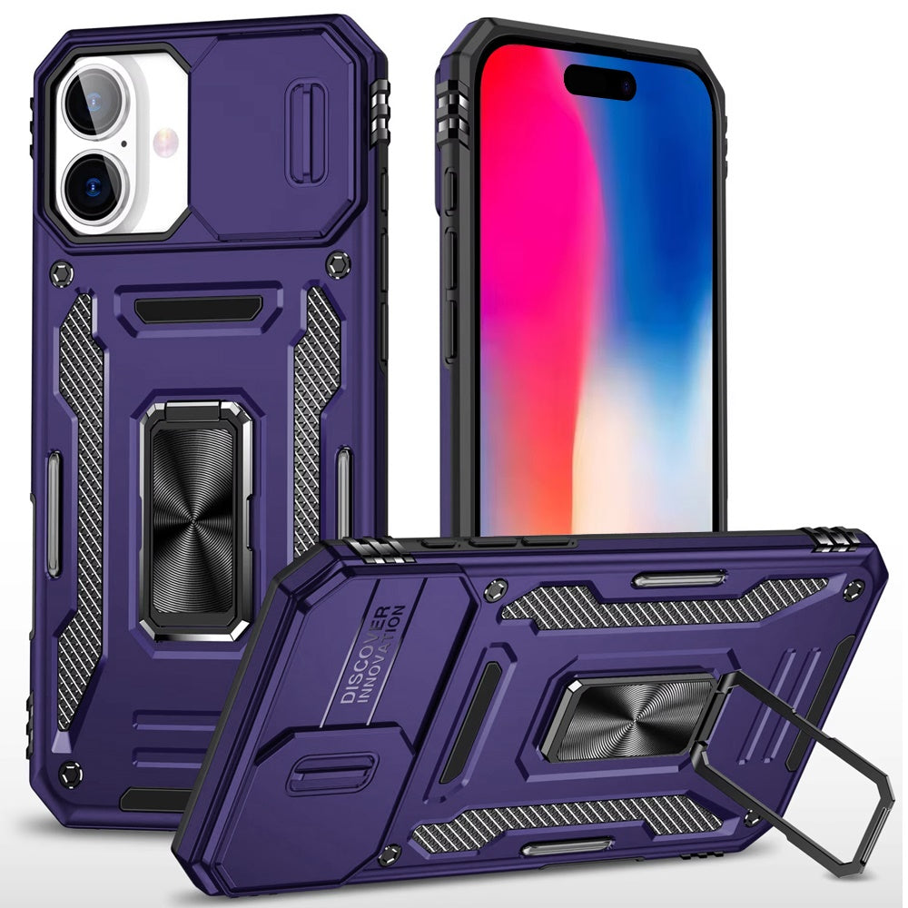 For iPhone 16 6.1inch Case Slide Lens Cover Magnetic Ring Stand + Tempered Glass
