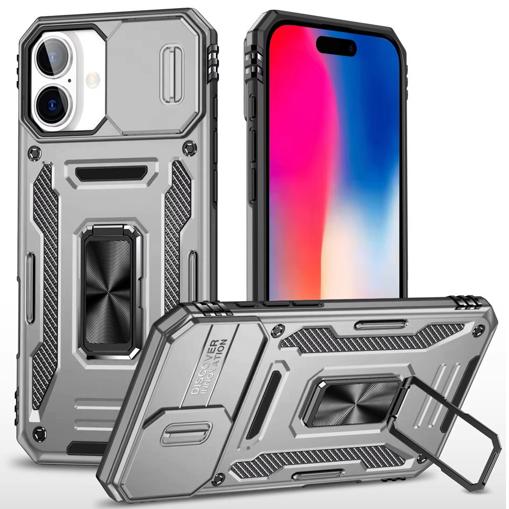 For iPhone 16 6.1inch Case Slide Lens Cover Magnetic Ring Stand + Tempered Glass