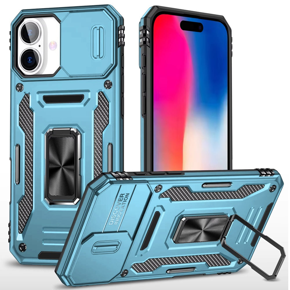 For iPhone 16 6.1inch Case Slide Lens Cover Magnetic Ring Stand + Tempered Glass