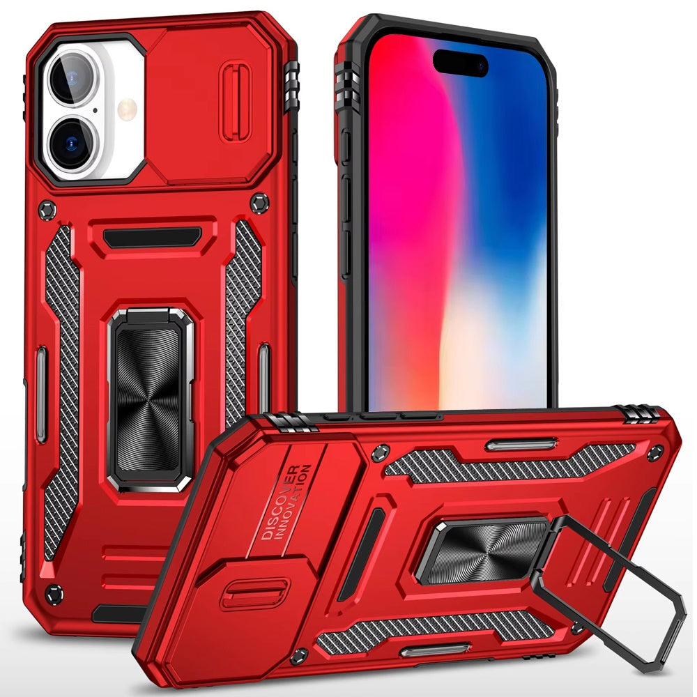 For iPhone 16 6.1inch Case Slide Lens Cover Magnetic Ring Stand + Tempered Glass