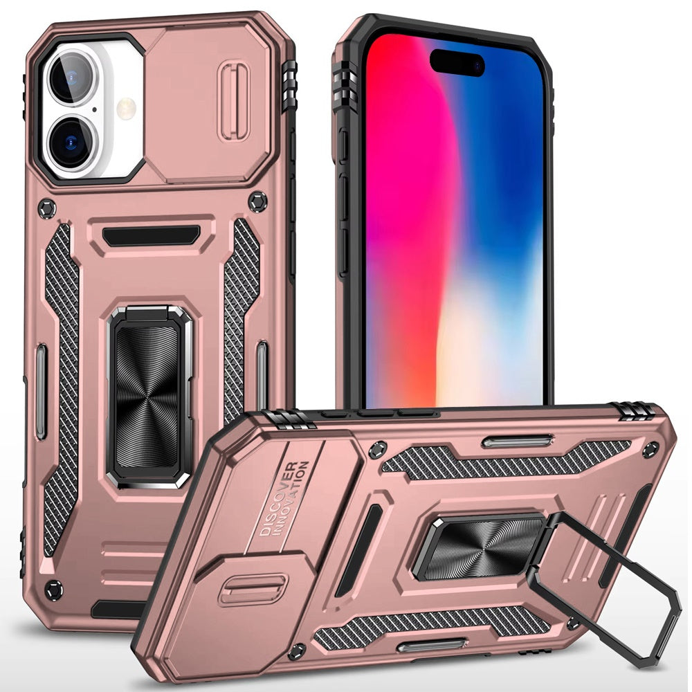 For iPhone 16 6.1inch Case Slide Lens Cover Magnetic Ring Stand + Tempered Glass