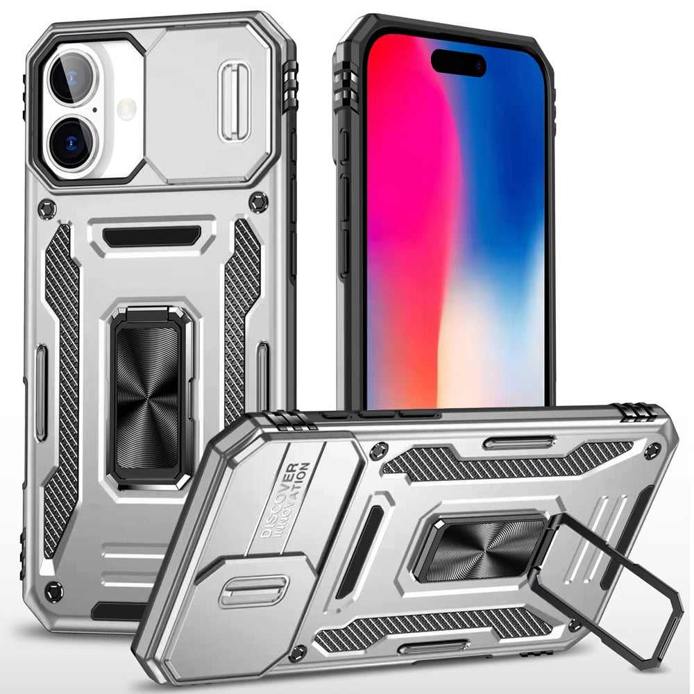 For iPhone 16 6.1inch Case Slide Lens Cover Magnetic Ring Stand + Tempered Glass