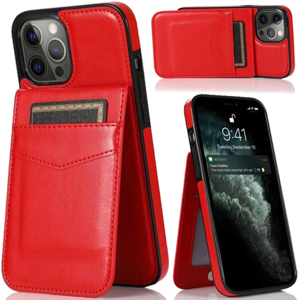 For iPhone 15 Case PU Leather with Card Slots and Stand Flap + 2 Tempered Glass