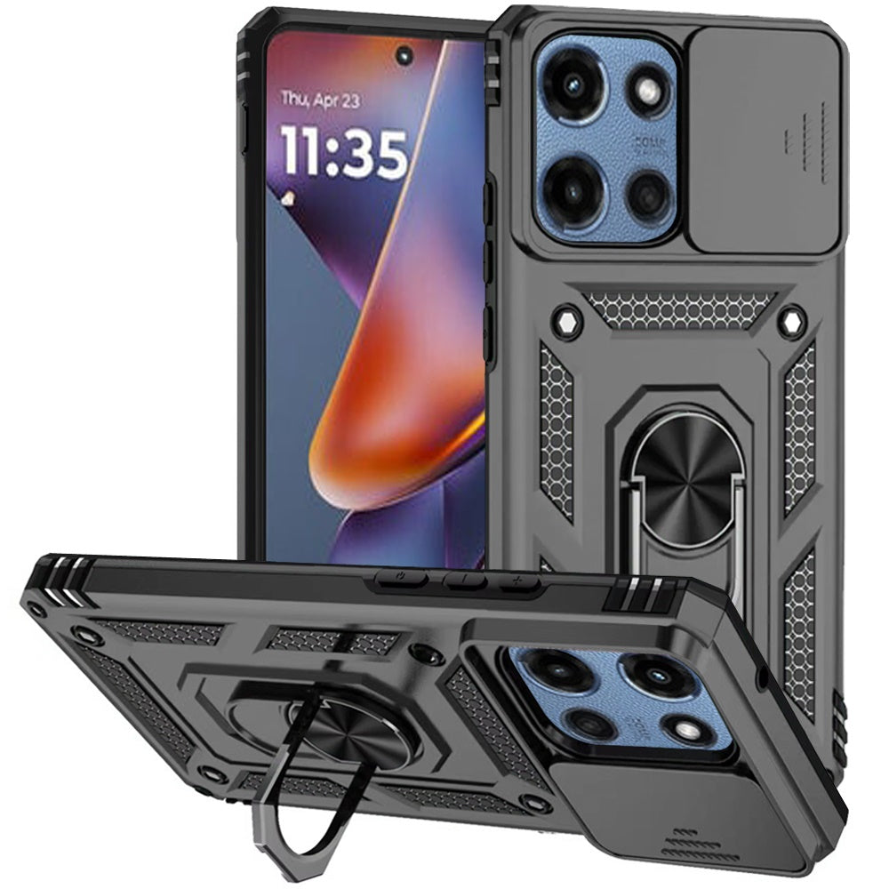 For Moto G 2025 Case Shockproof Ring Stand w/ Camera Lens Cover + Tempered Glass