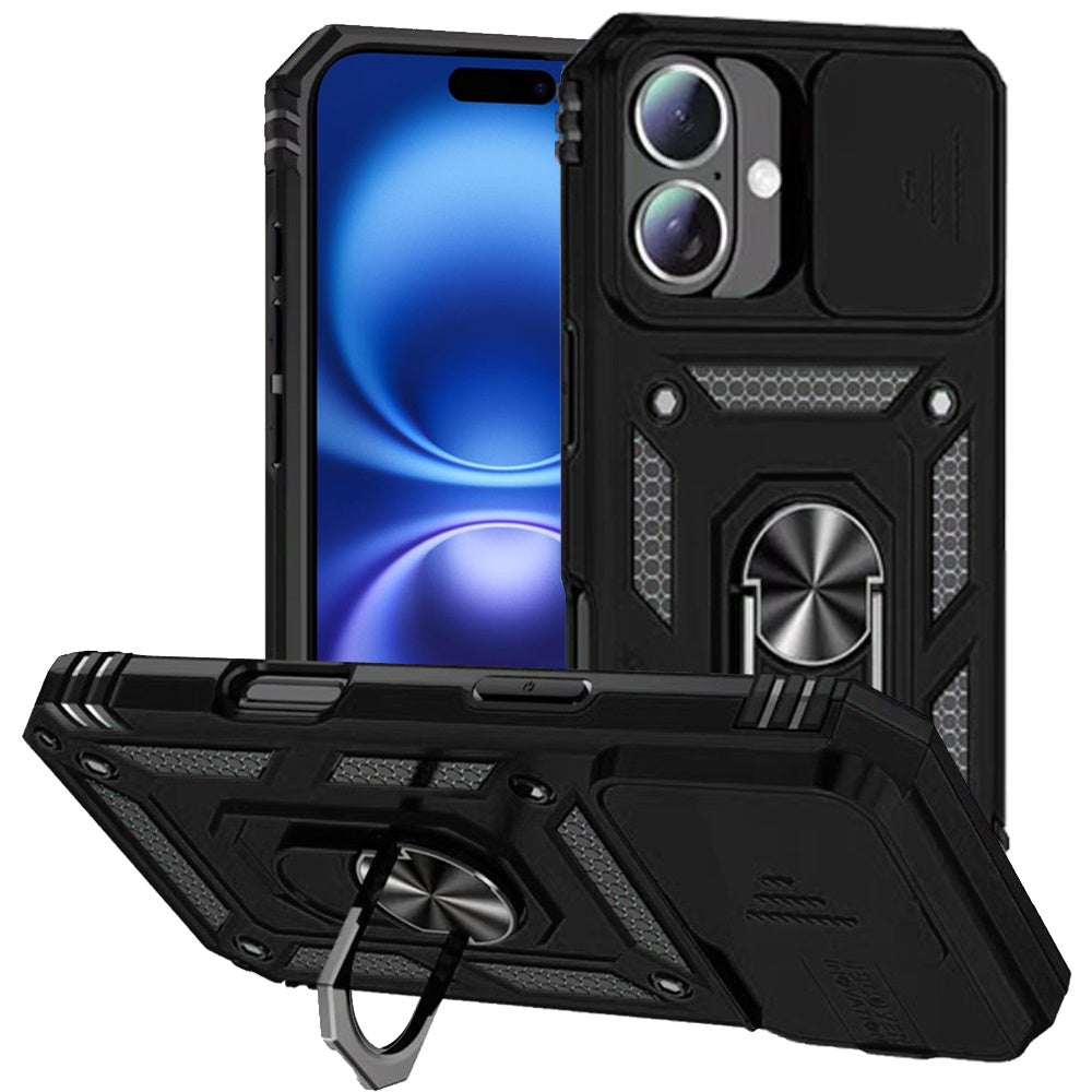 For iPhone 17 Case Shockproof Metal Ring Stand with Lens Cover + Tempered Glass