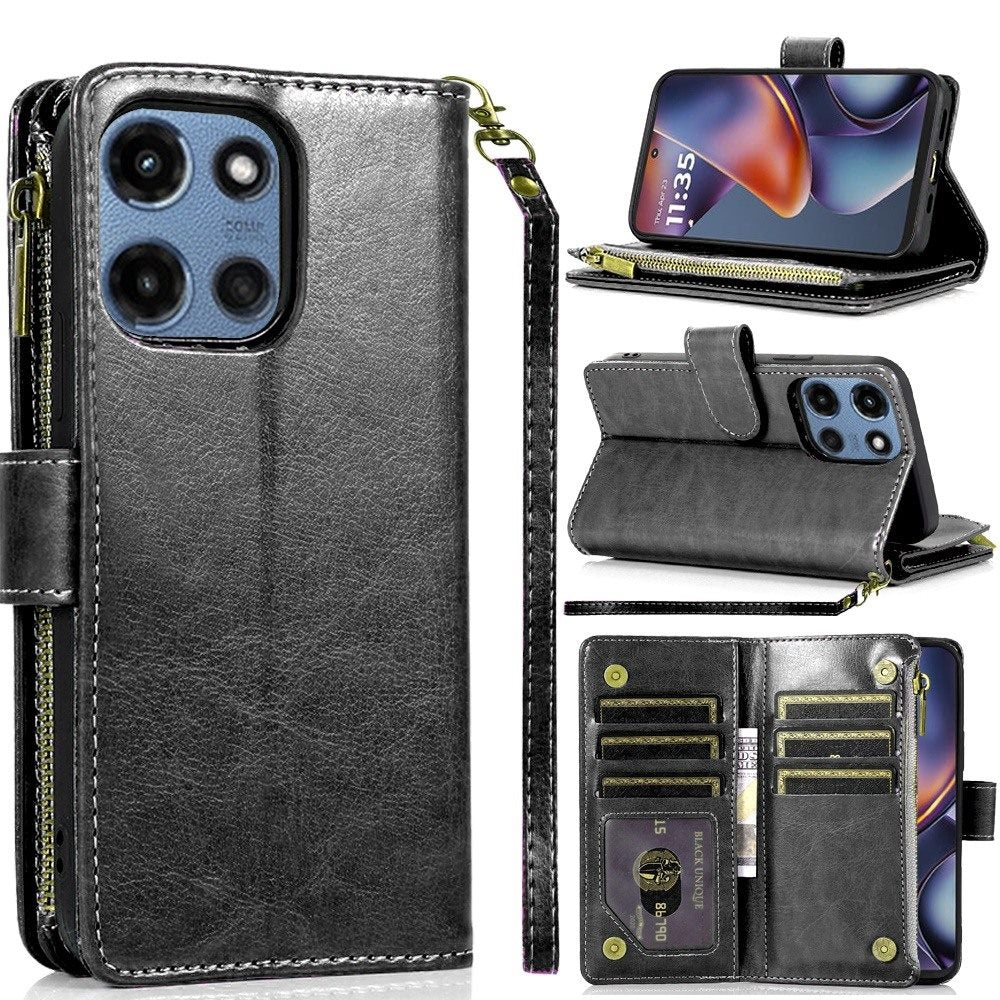 For Moto G 2025 Case Luxury Phone Wallet Card ID Zipper Holder + Tempered Glass