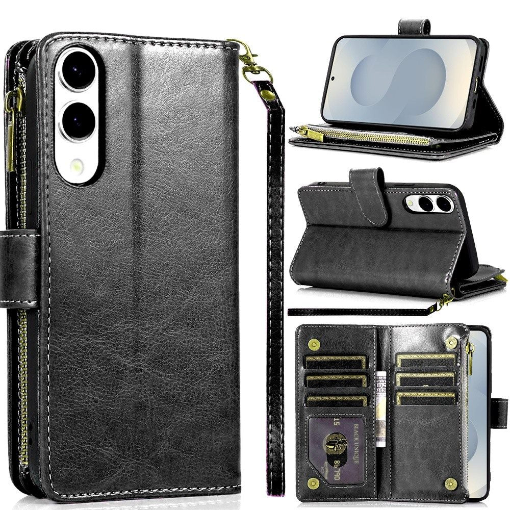 For Samsung S25 Edge Case Luxury Phone Wallet Card ID Zipper + Tempered Glass