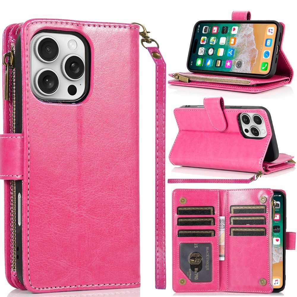 For iPhone 16 PRO MAX Case Luxury Phone Wallet ID Zipper Holder + Tempered Glass