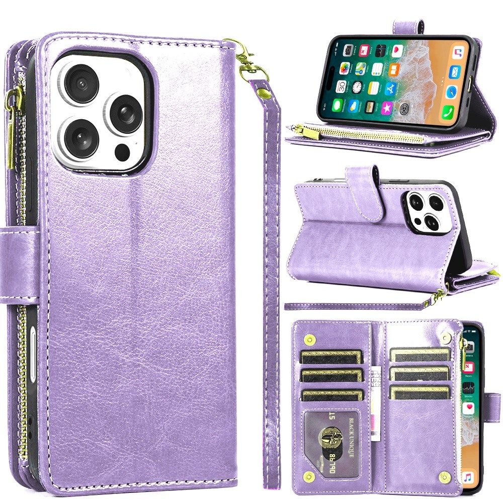 For iPhone 16 PRO MAX Case Luxury Phone Wallet ID Zipper Holder + Tempered Glass