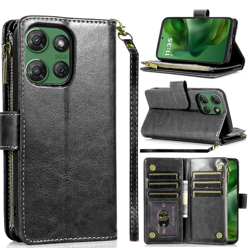 For Moto G Power 2025 Case Luxury Phone Wallet Zipper Holder + Tempered Glass