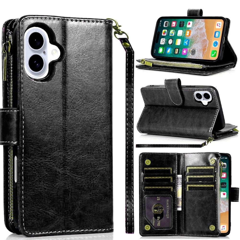 For iPhone 16 Plus 6.7in Case Luxury Phone Wallet Zipper Holder + Tempered Glass