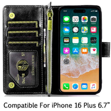 For iPhone 16 Plus 6.7in Case Luxury Phone Wallet Zipper Holder + Tempered Glass