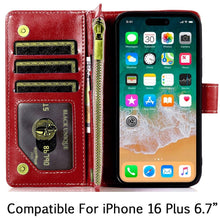 For iPhone 16 Plus 6.7in Case Luxury Phone Wallet Zipper Holder + Tempered Glass