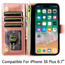 For iPhone 16 Plus 6.7in Case Luxury Phone Wallet Zipper Holder + Tempered Glass