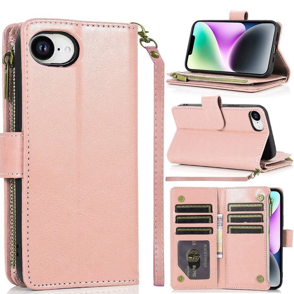 For iPhone 16e Case Luxury Wallet Card ID Zipper Money Holder + Tempered Glass