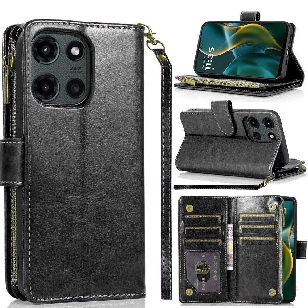 For Moto G Stylus 2025 Case Luxury Phone Wallet Zipper Holder + Tempered Glass