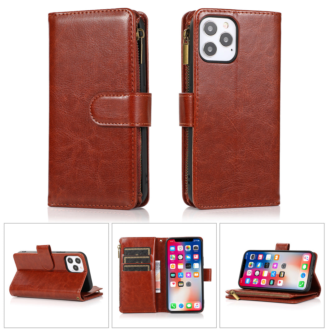 For iPhone 15 Case Luxury Wallet Card ID Zipper Holder Cover + 2 Tempered Glass