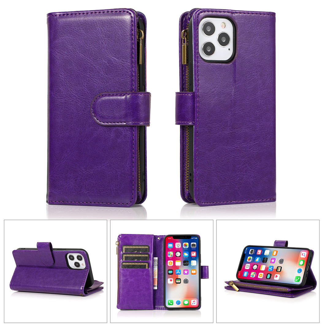 For iPhone 15 Case Luxury Wallet Card ID Zipper Holder Cover + 2 Tempered Glass