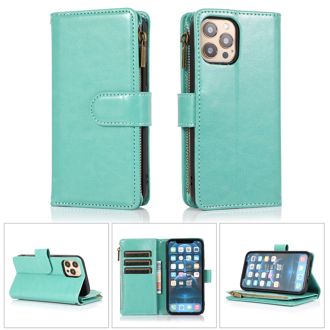 For iPhone 15 Case Luxury Wallet Card ID Zipper Holder Cover + 2 Tempered Glass