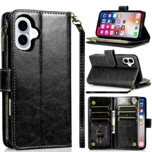 For iPhone 16 6.1inch Case Luxury Phone Wallet ID Zipper Holder + Tempered Glass