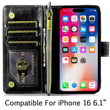 For iPhone 16 6.1inch Case Luxury Phone Wallet ID Zipper Holder + Tempered Glass