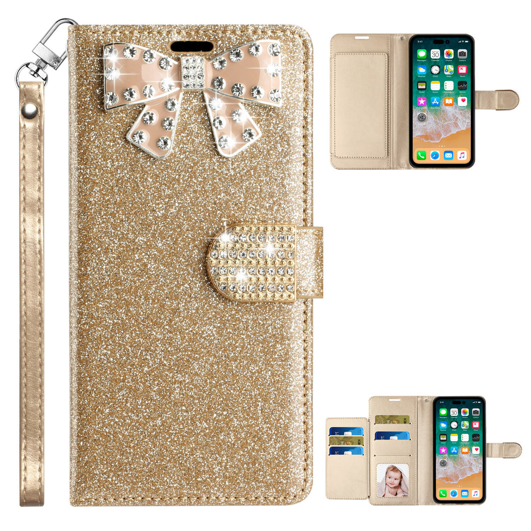 For iPhone 14 PRO Case Bow Rhinestone Full Glitter Phone Wallet with Wrislet