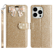 For iPhone 14 PRO Case Bow Rhinestone Full Glitter Phone Wallet with Wrislet