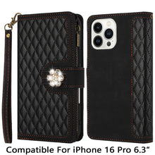 For iPhone 16 Pro 6.3in Case PU Leather Wallet w/ Flower Charm + Tempered Glass