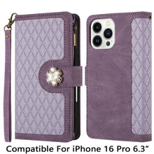 For iPhone 16 Pro 6.3in Case PU Leather Wallet w/ Flower Charm + Tempered Glass