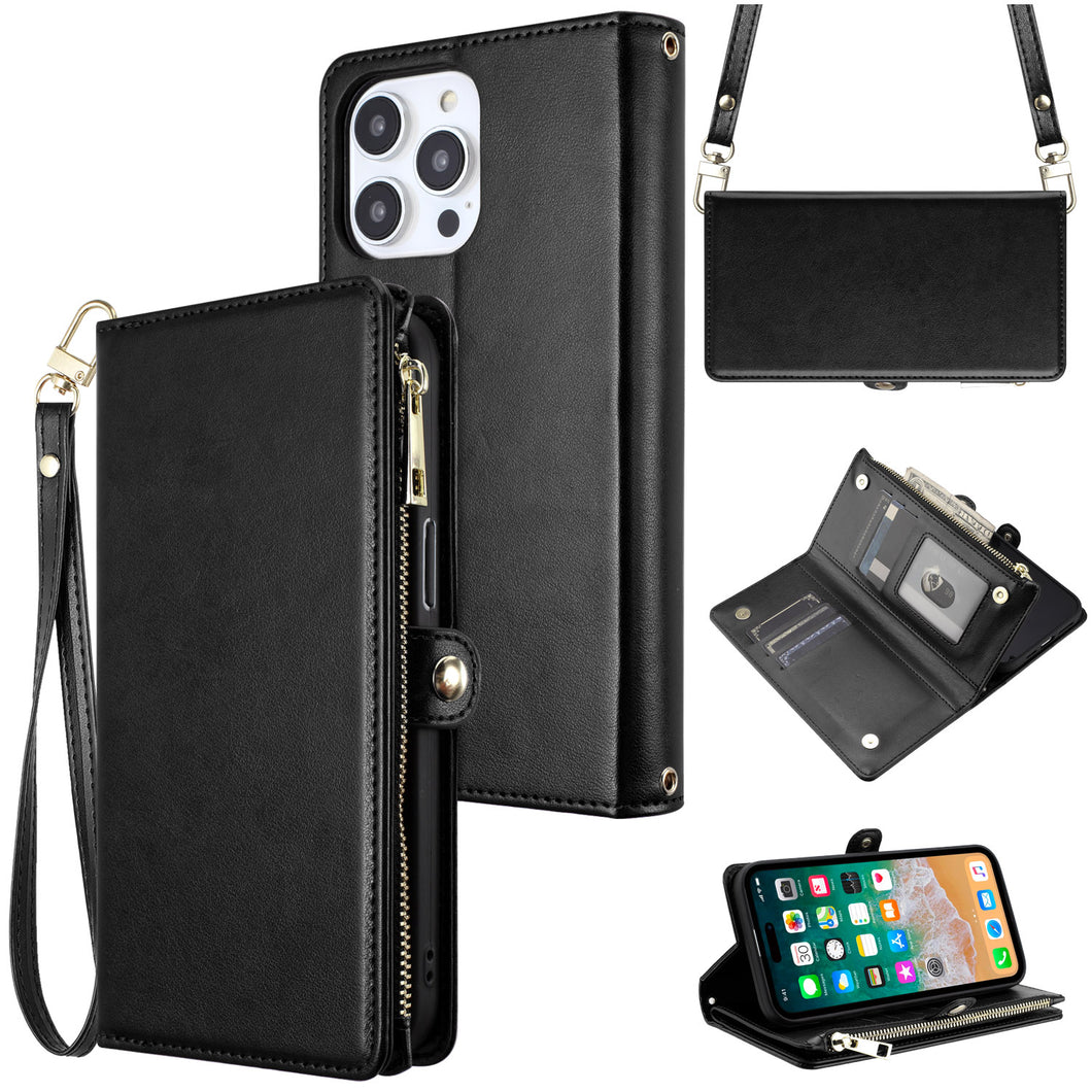 For iPhone 15 Case Wristlet Phone Wallet Long and Short Strap +2 Tempered Glass