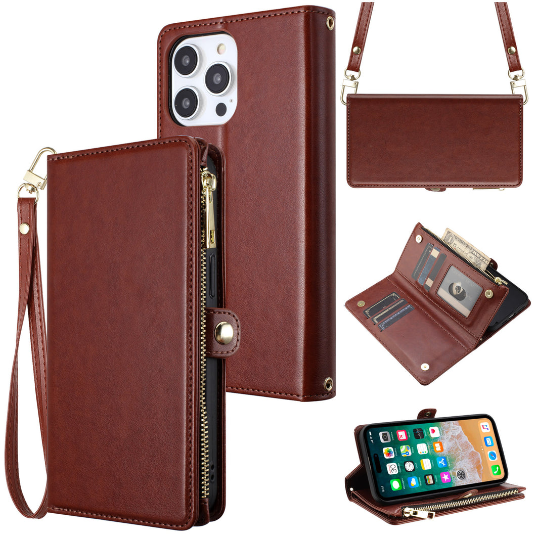 For iPhone 15 Case Wristlet Phone Wallet Long and Short Strap +2 Tempered Glass