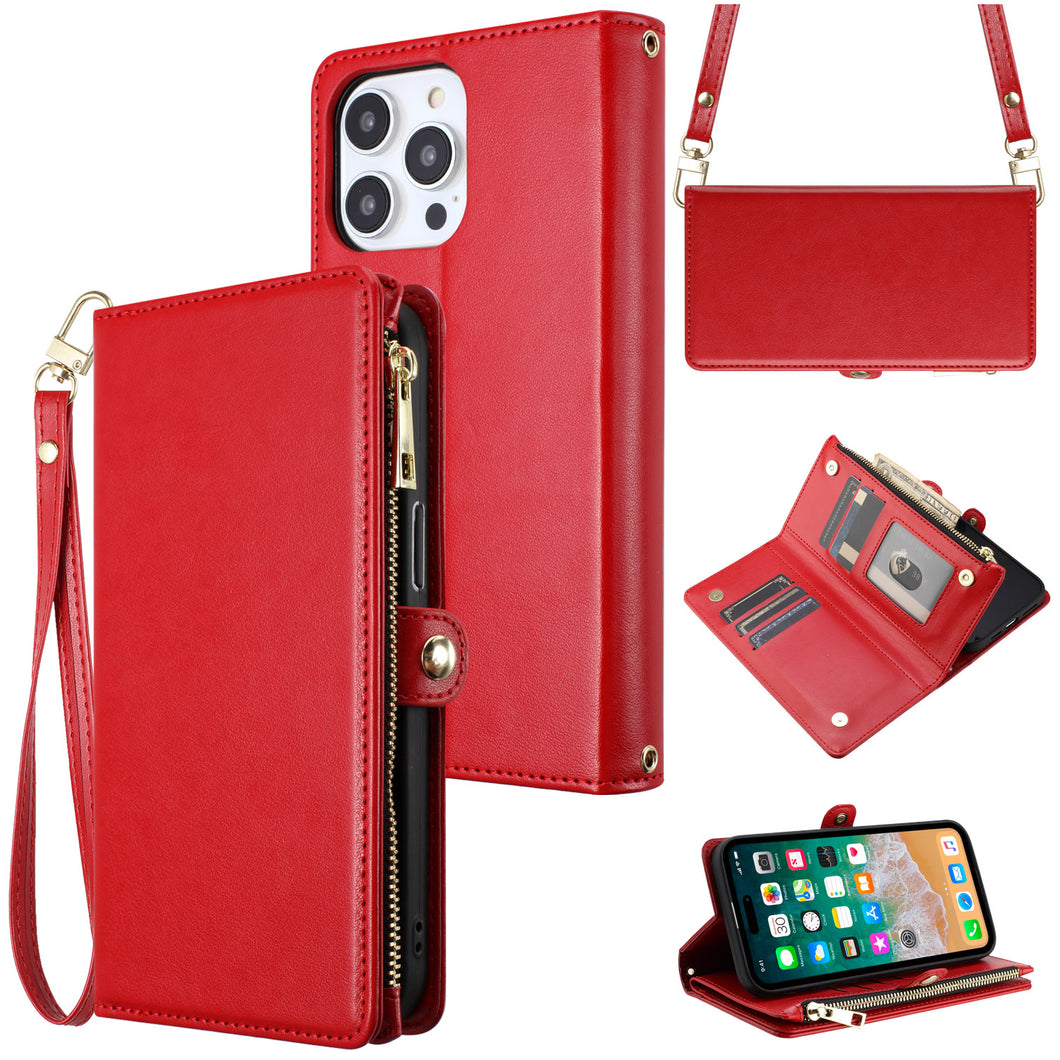 For iPhone 15 Case Wristlet Phone Wallet Long and Short Strap +2 Tempered Glass