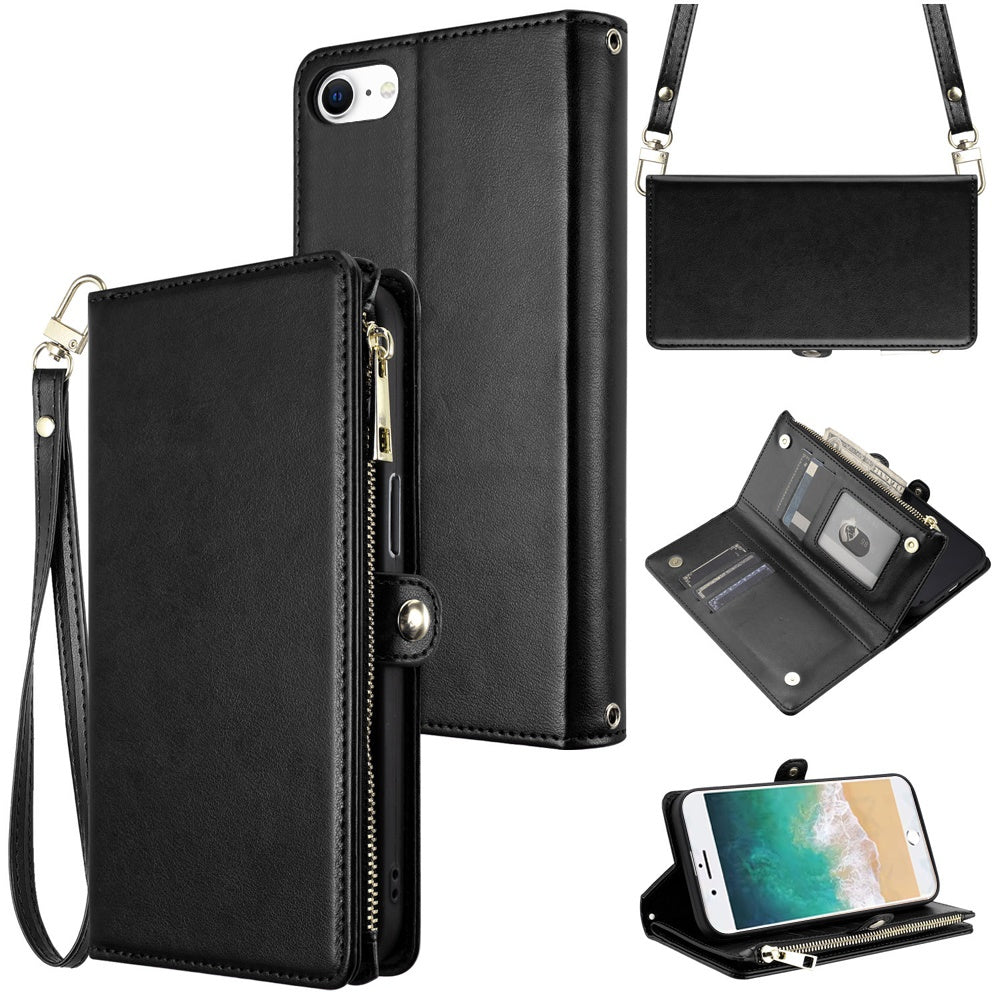 For iPhone 16e Case Wristlet Phone Wallet with Long Short Strap + Tempered Glass
