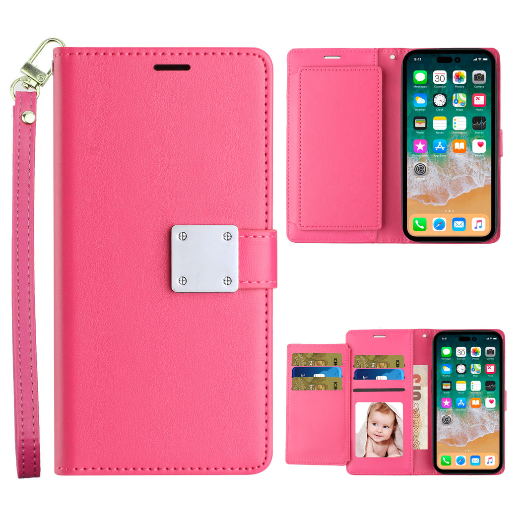 For iPhone XR Case PU Leather Phone Wallet with Wrist strap + Tempered Glass